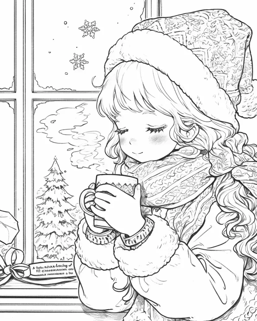 冬の窓辺でのひとときの塗り絵