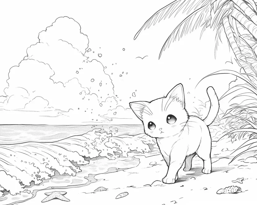 海边好奇的小猫涂色页