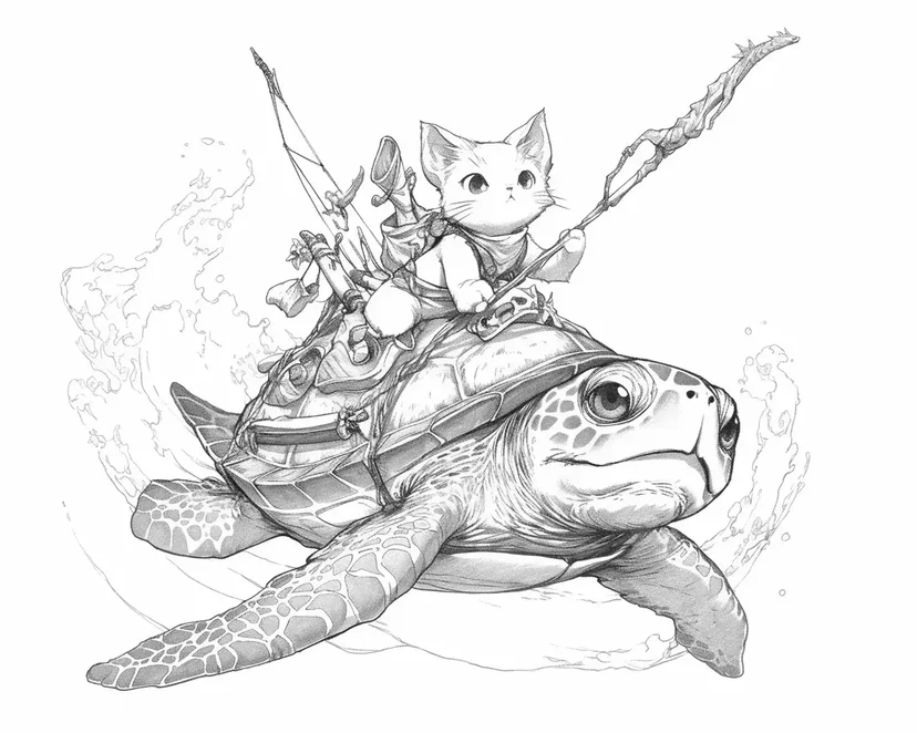 冒険する猫とカメの塗り絵