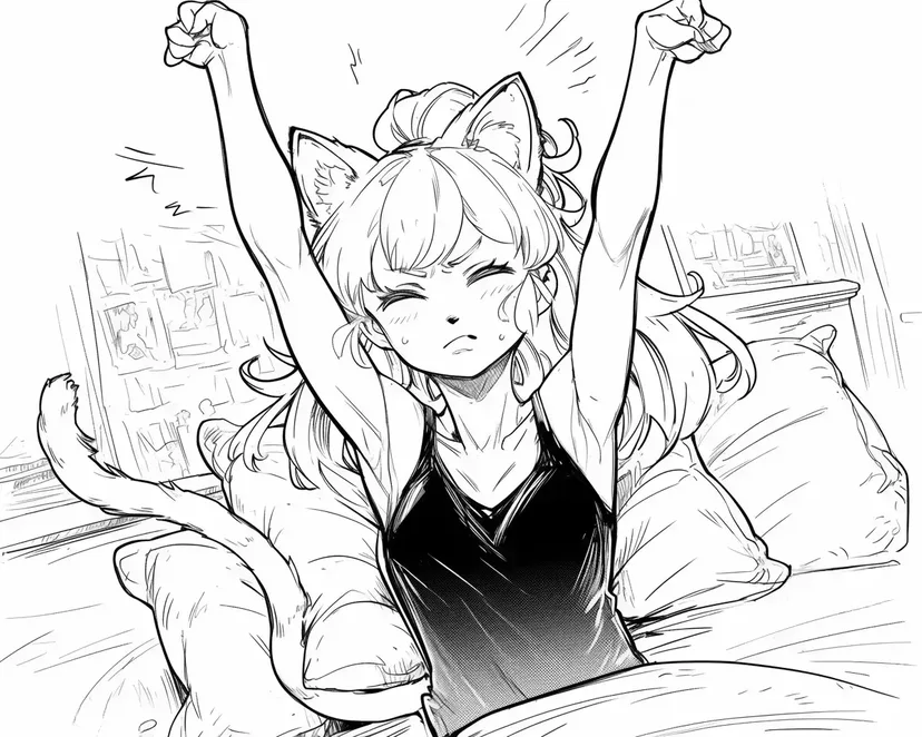 Morning Stretch Cat-Ear Girl coloring page