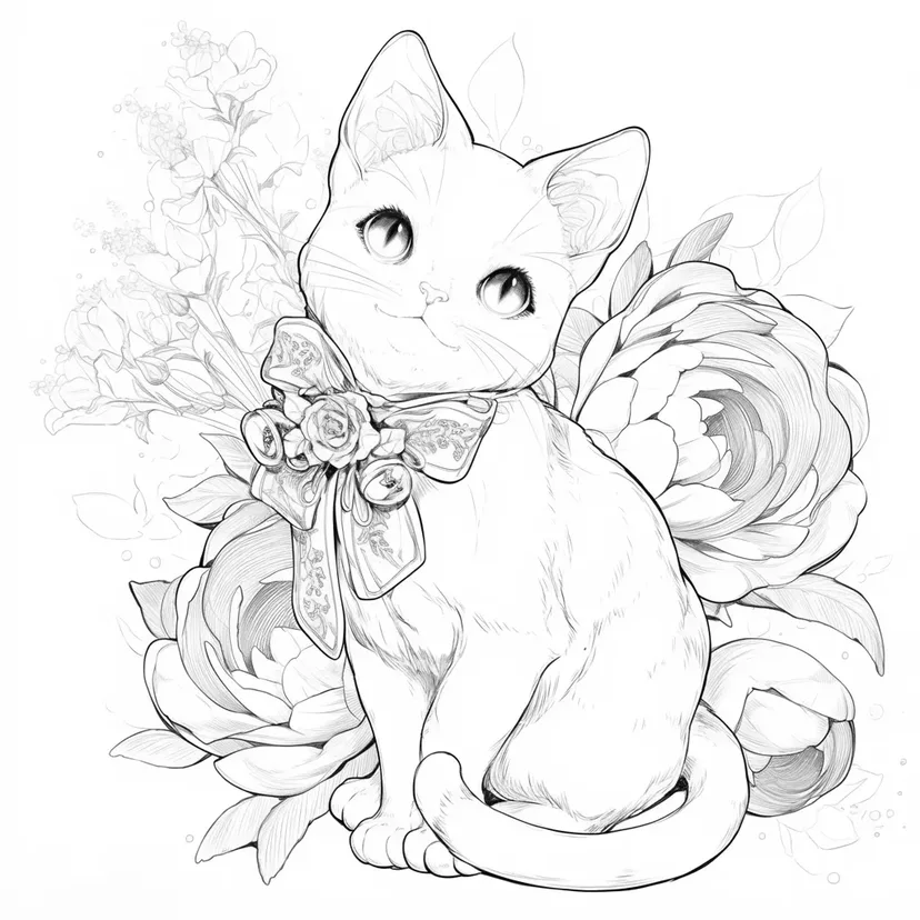 Dibujo de Gatito con Flores y Lazo para colorear