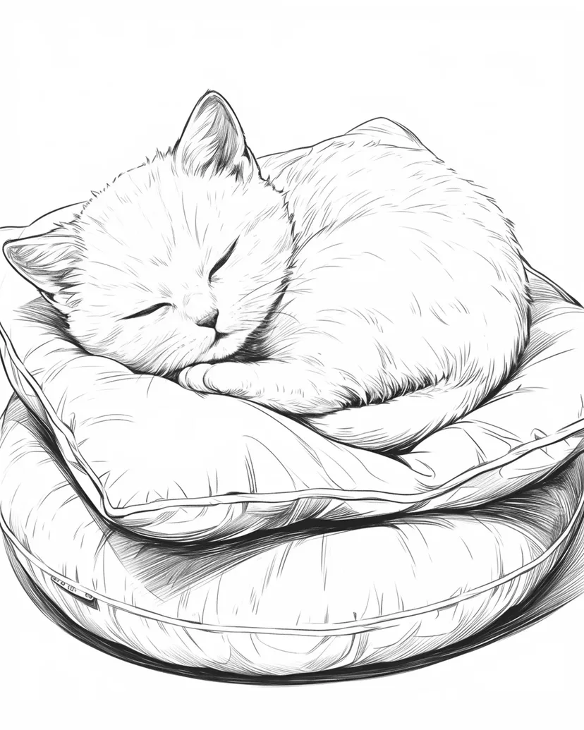 ふわふわクッションで眠る子猫の塗り絵