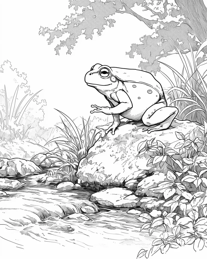 小川のほとりのカエルの塗り絵