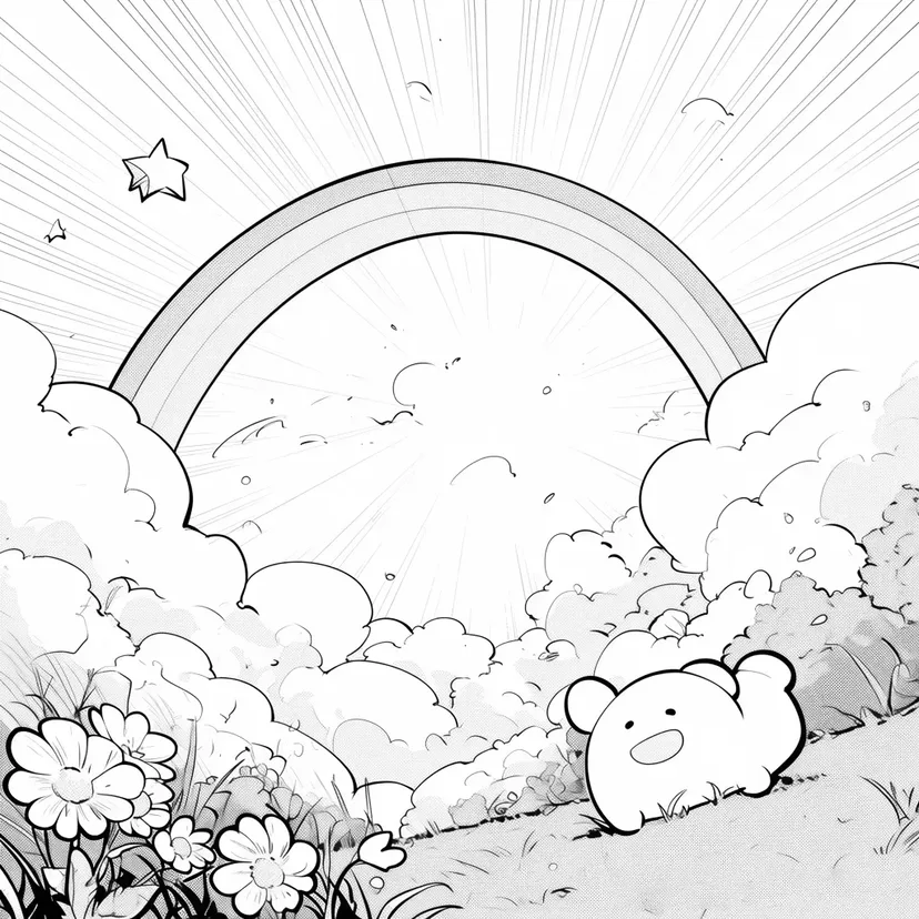 Dibujo de Arcoíris y Oso Sonriente para colorear