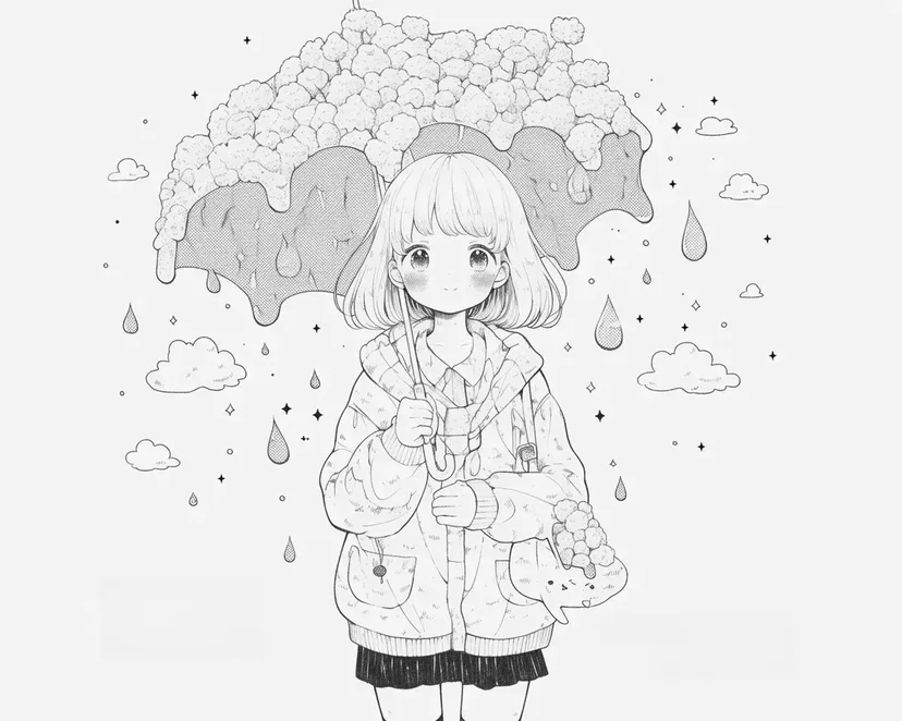 チョコレートの傘の下の少女の塗り絵