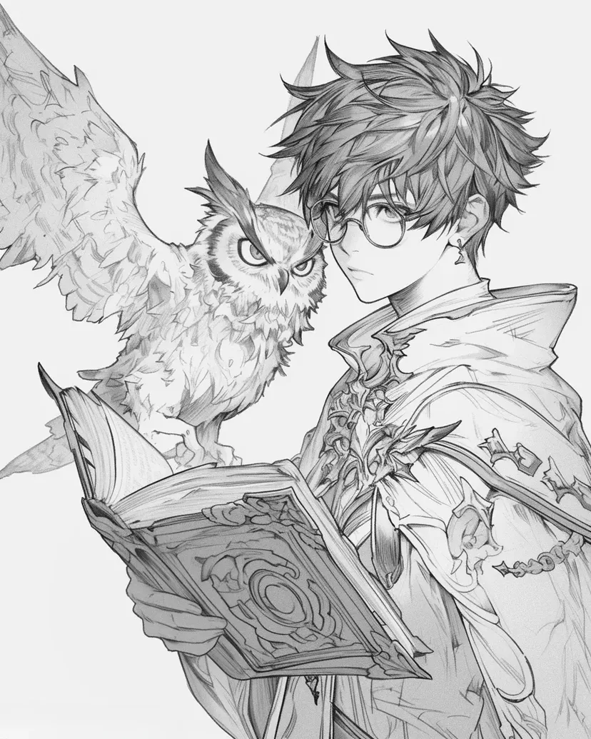 魔法少年和猫头鹰涂色页