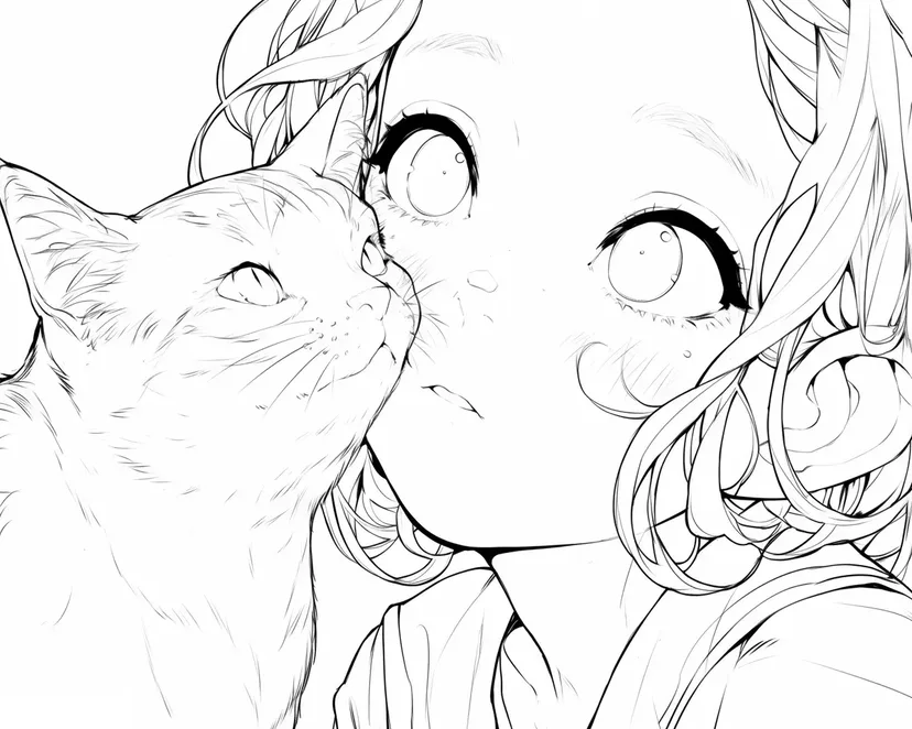 Desenho de Menina e Seu Amigo Felino para colorir