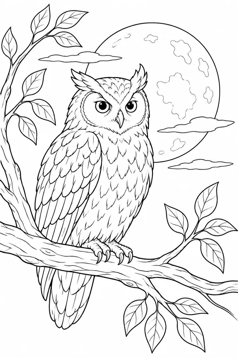 月を背に枝にとまるフクロウの塗り絵
