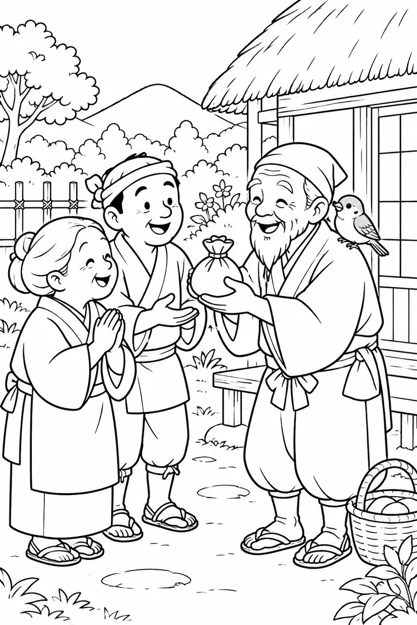したきりすずめ：宝ものを村のみんなへの塗り絵