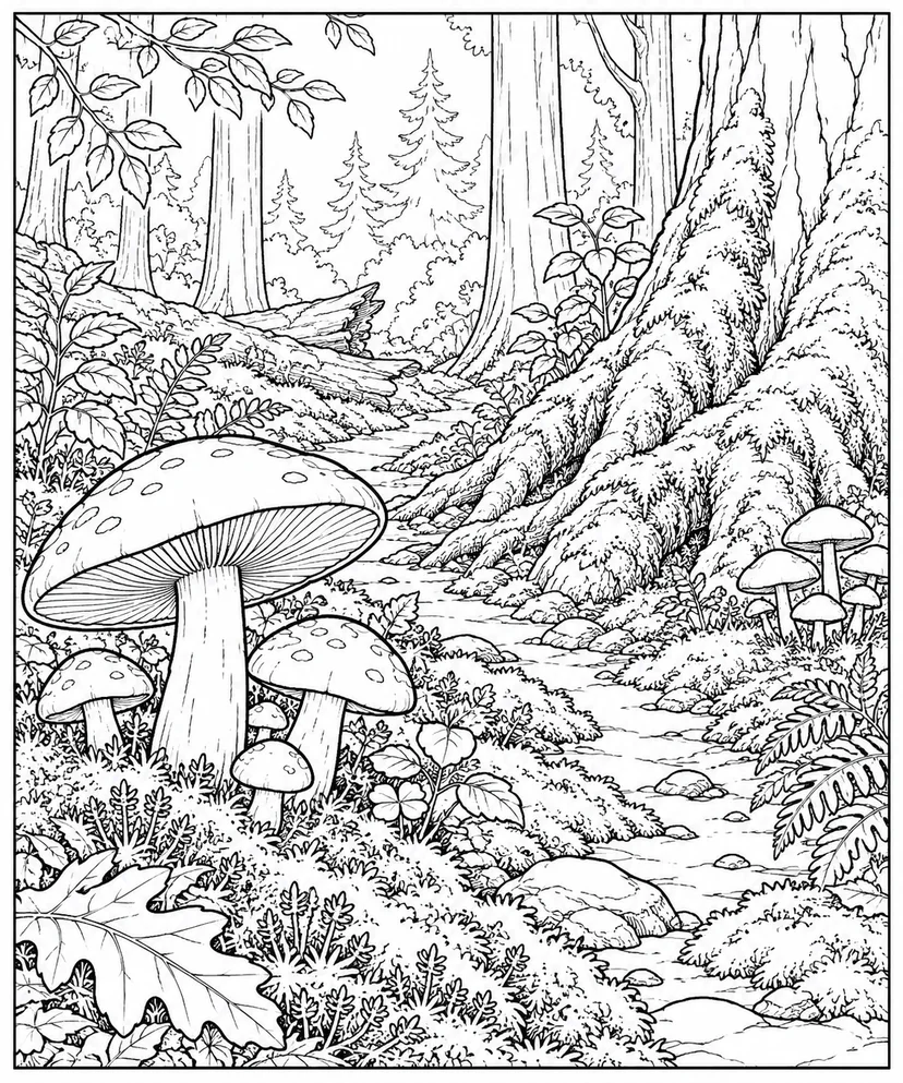 自然のひとこま：きのこと苔の小道の塗り絵