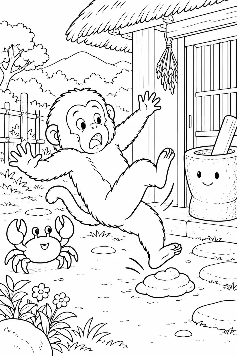 さるかに合戦 ほっこり：玄関先であわてるさる