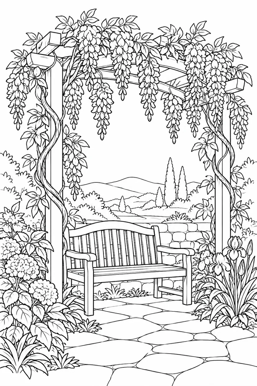 藤棚の下の空いたベンチの塗り絵