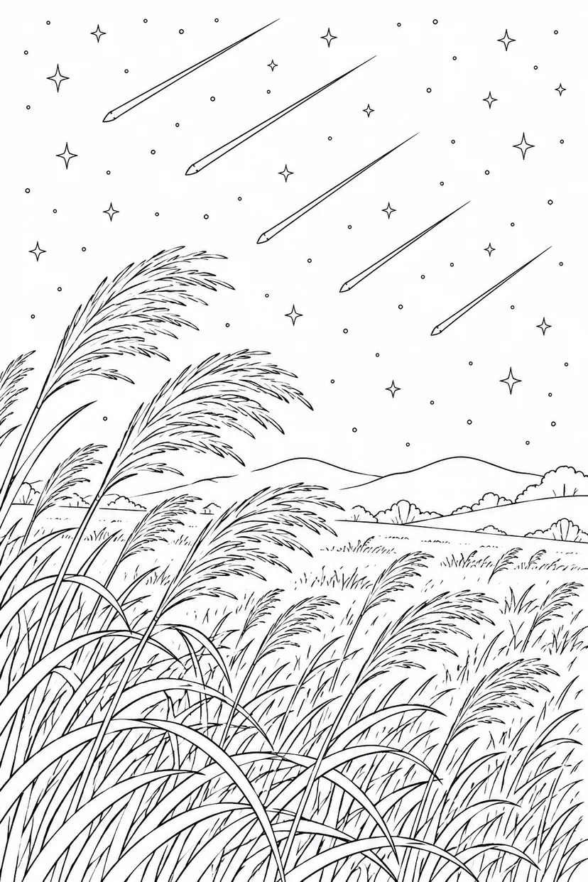 ススキの草原と流星群の塗り絵