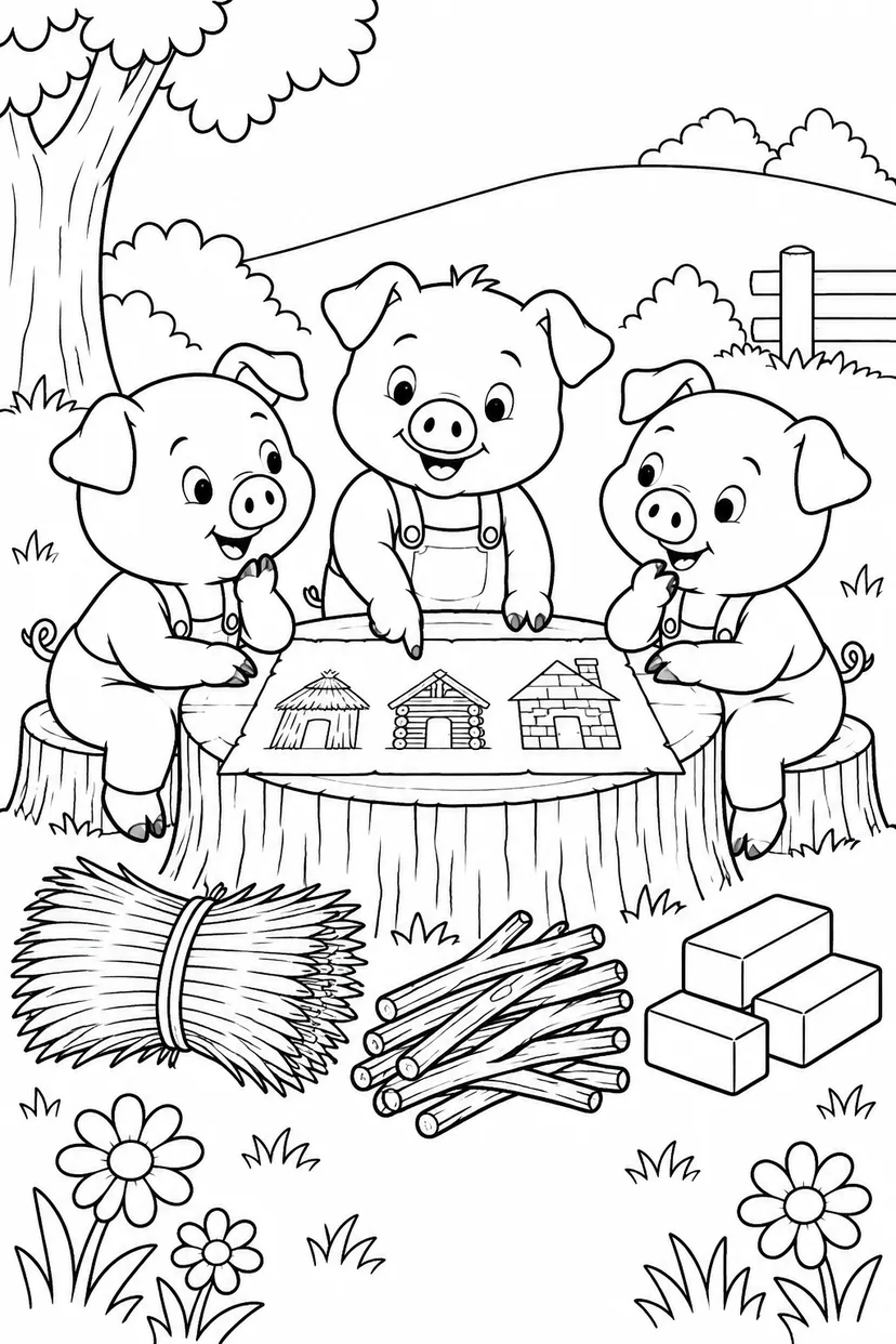 三只小猪：树桩桌旁商量盖房涂色页
