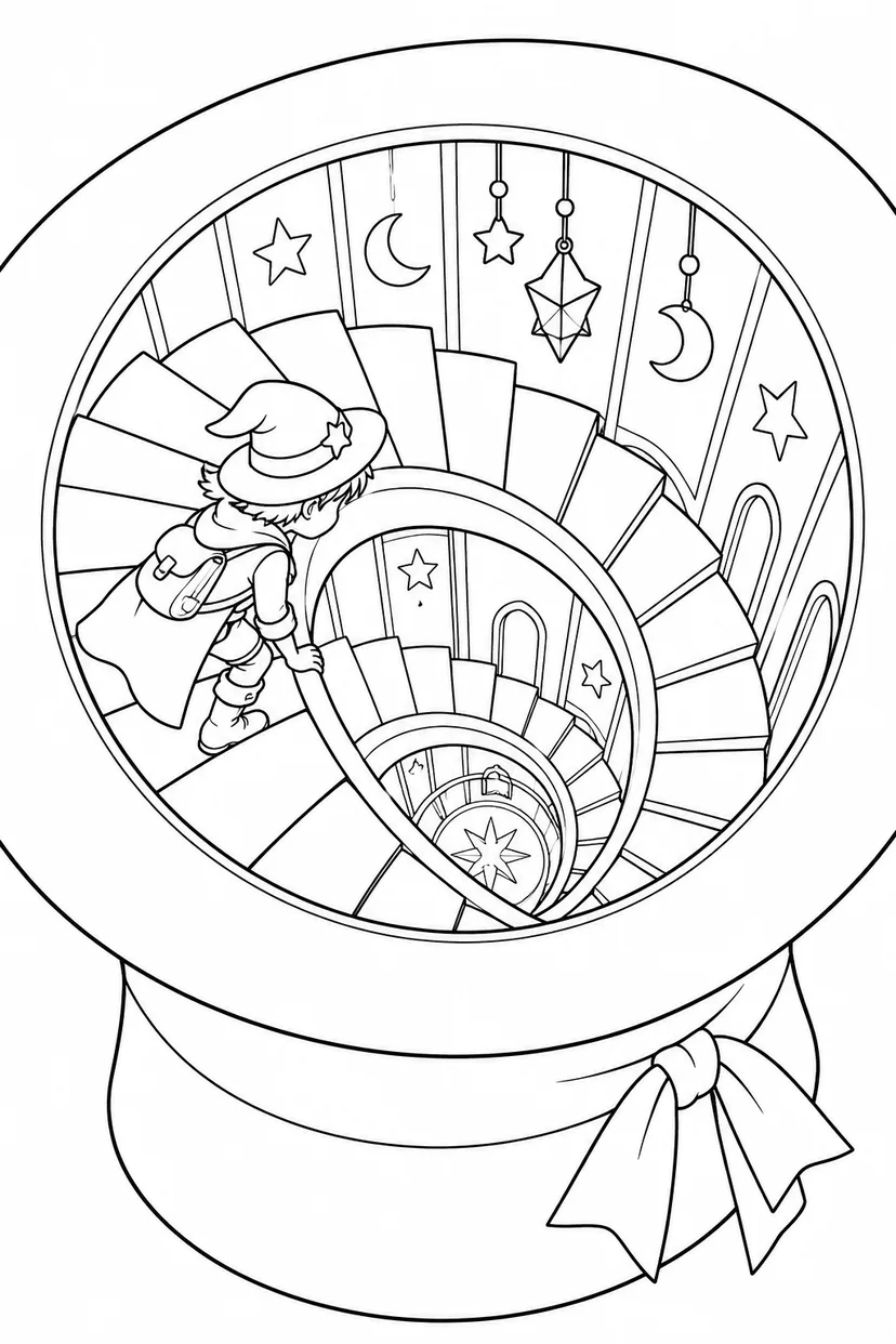 魔法の帽子から続く階段の塗り絵
