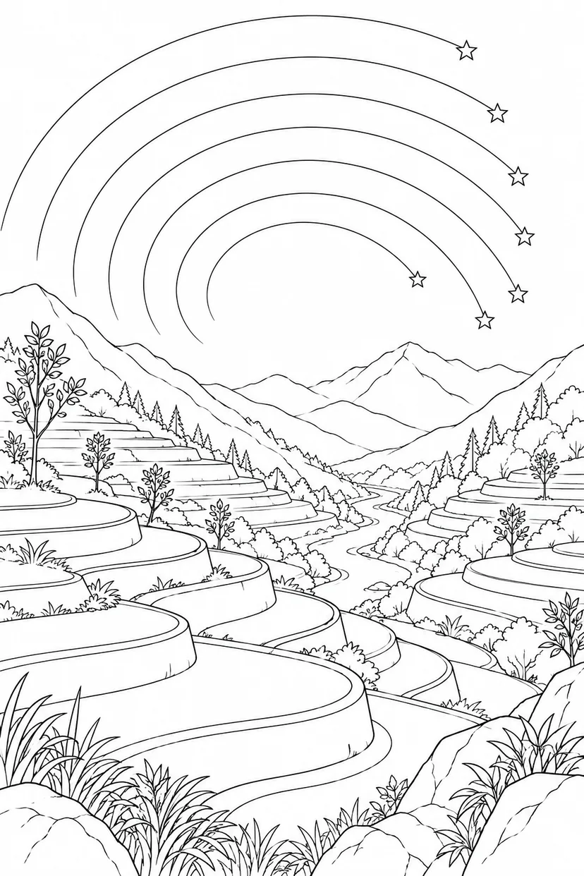 段々畑の谷と星の軌跡の塗り絵