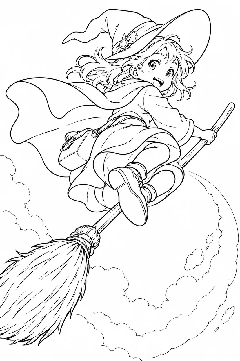 空中回転するほうき乗りの塗り絵