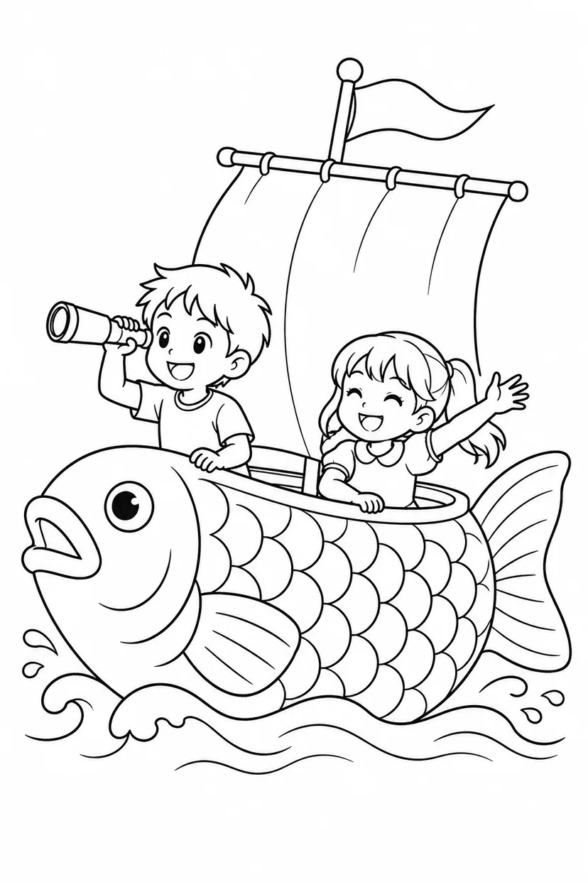 たい焼きの形の船の塗り絵