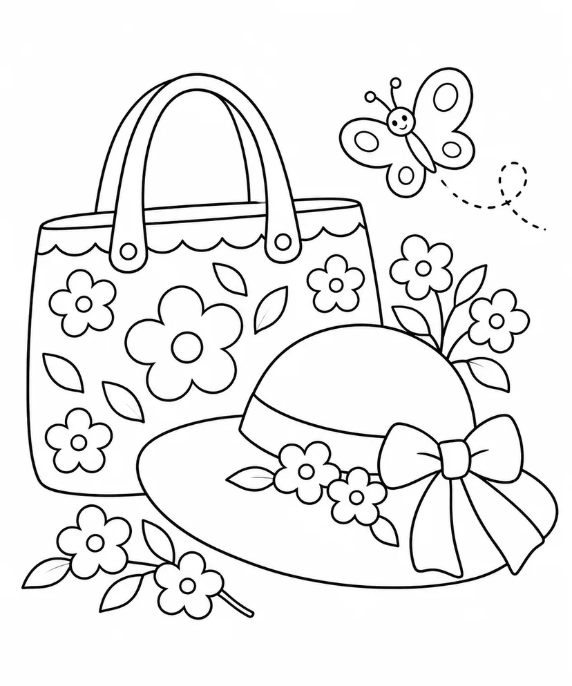 お花のバッグと帽子の塗り絵