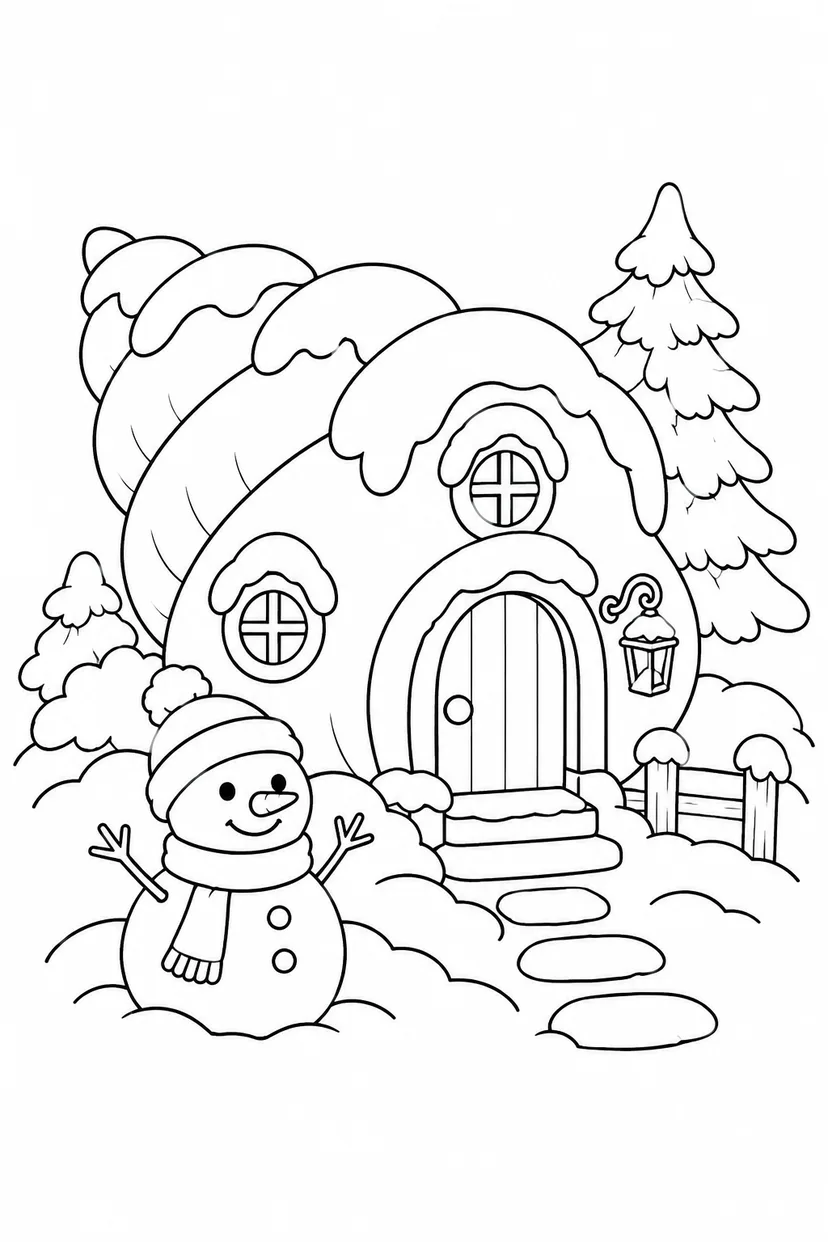 貝がらのおうちの雪の日の塗り絵