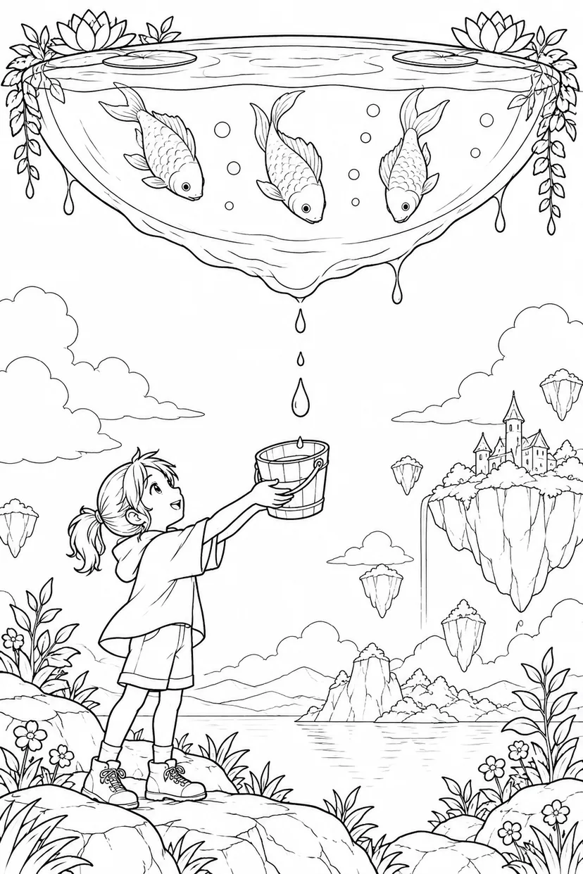 逆さまの池で遊ぶ魚の塗り絵