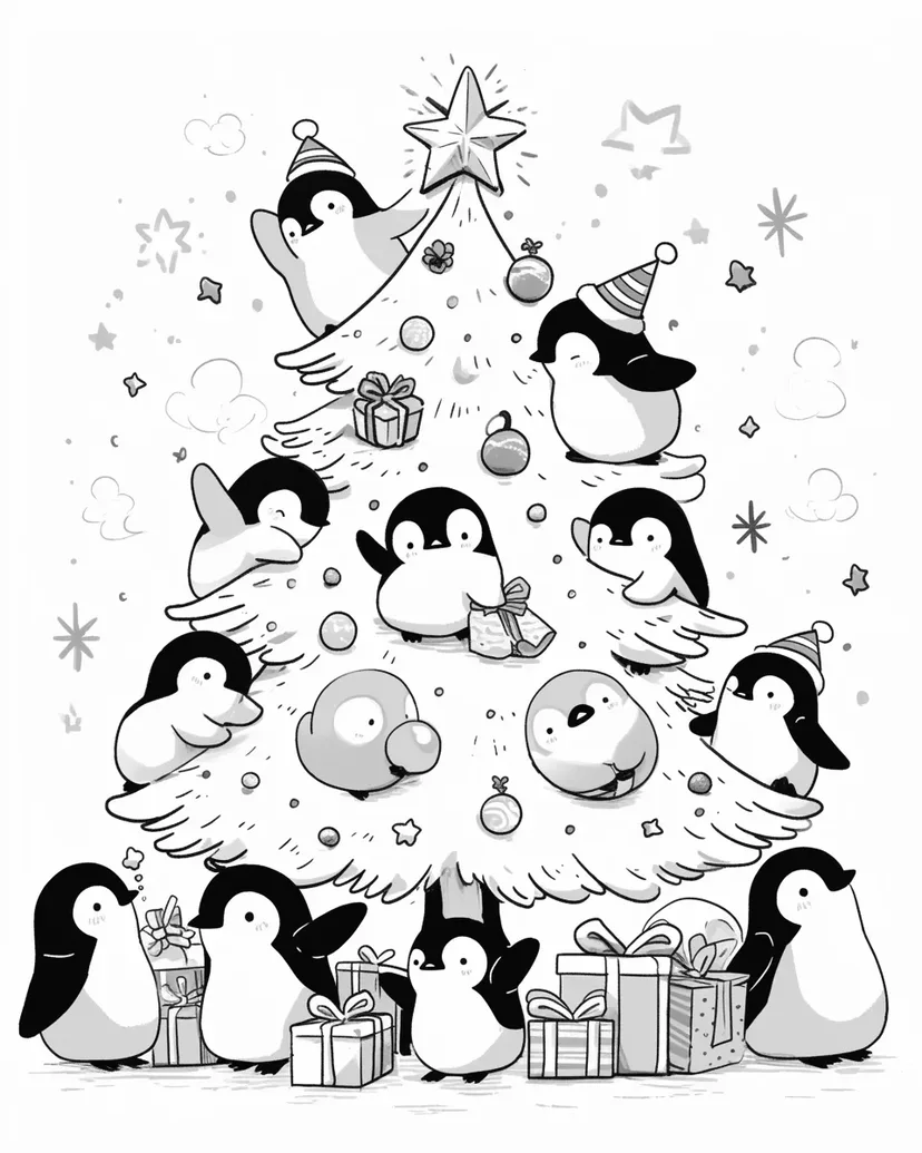 ペンギンたちのクリスマスツリーの塗り絵