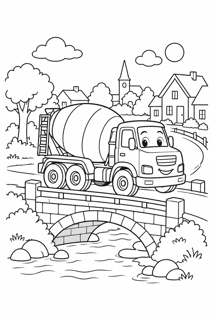 コンクリートミキサー車と町の橋の塗り絵