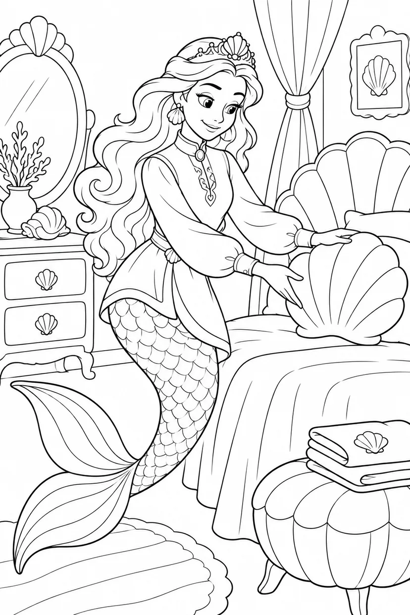 人魚姫：貝の家具のお部屋そうじの塗り絵