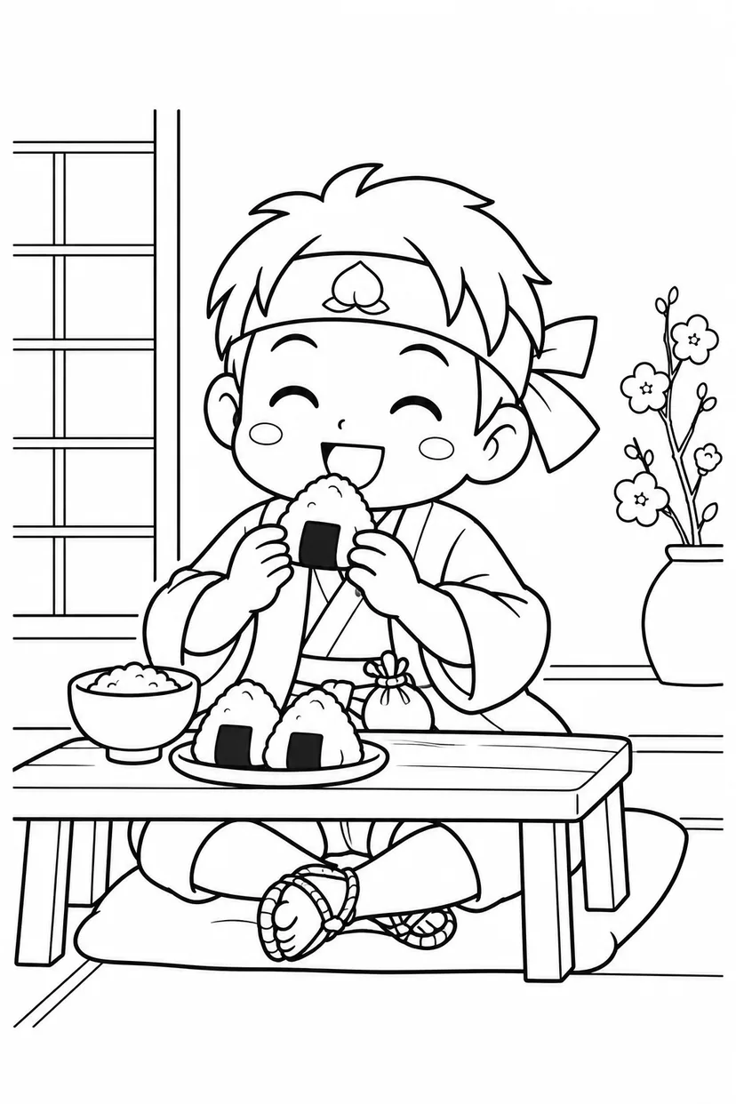 ほっこり桃太郎：桃太郎のおにぎりごはんの塗り絵