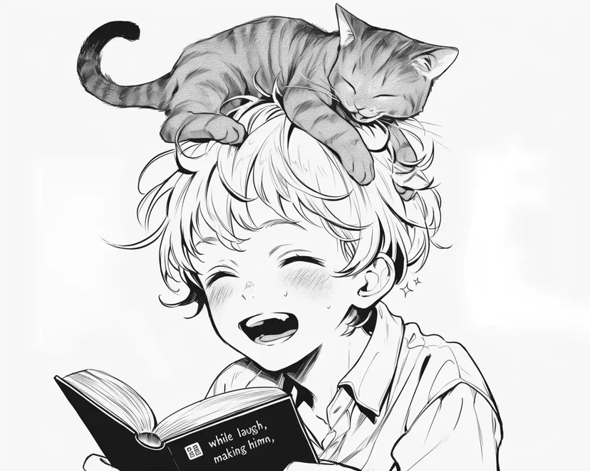 お昼寝の猫と笑顔の少年の塗り絵