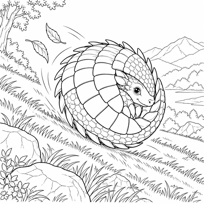 体を丸めて坂を転がる竜の塗り絵