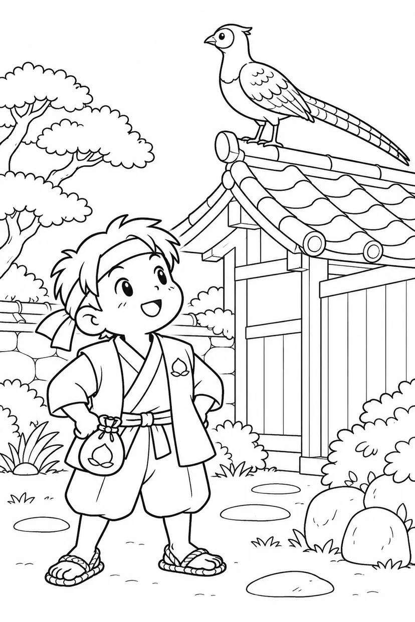 ほっこり桃太郎：雉の見張りと桃太郎の塗り絵