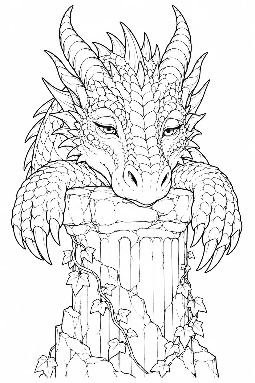 Dibujo de Dragón apoyando la barbilla en un pilar para colorear