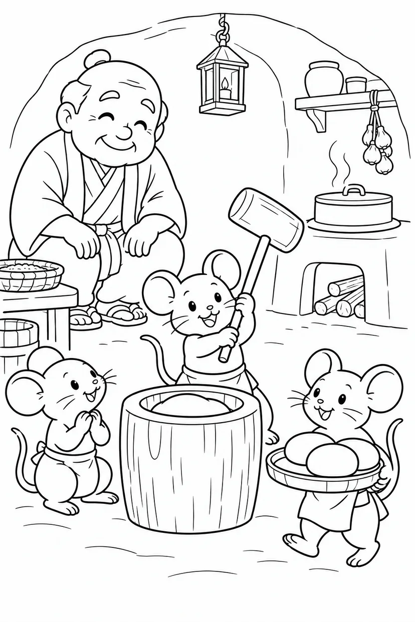 おむすびころりん・ほっこり：ねずみのおもちつきの塗り絵