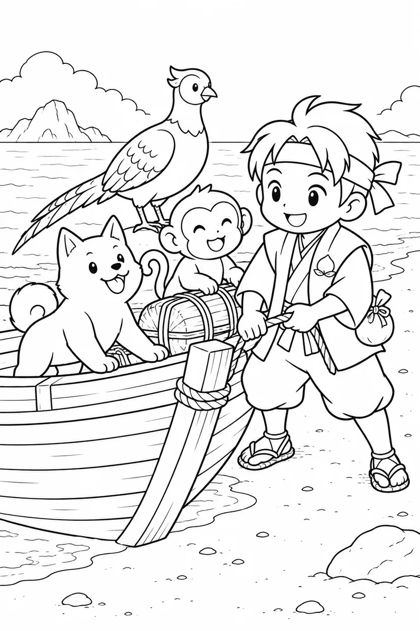 ほっこり桃太郎：桃太郎一行と海辺の舟の塗り絵