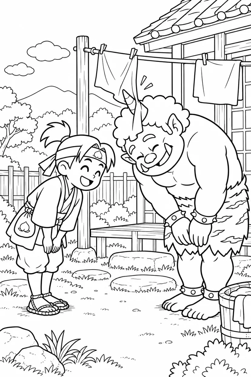 ギャグ桃太郎：桃太郎と鬼の仲直りの塗り絵