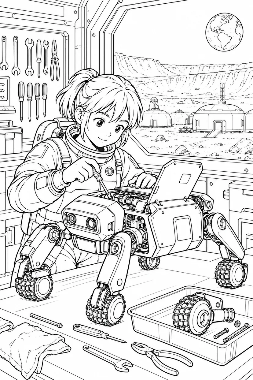 月のクレーター基地：ロボットの整備工房の塗り絵