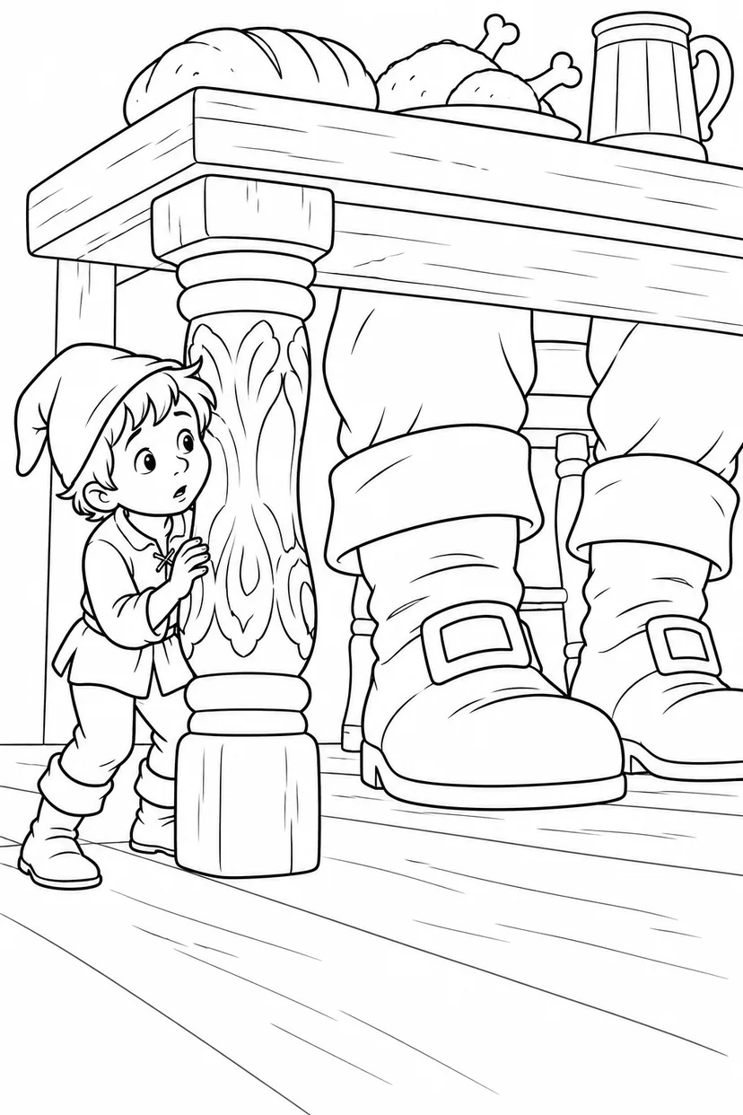 Jack and the Beanstalk・Heartwarming — Hiding under the table coloring page