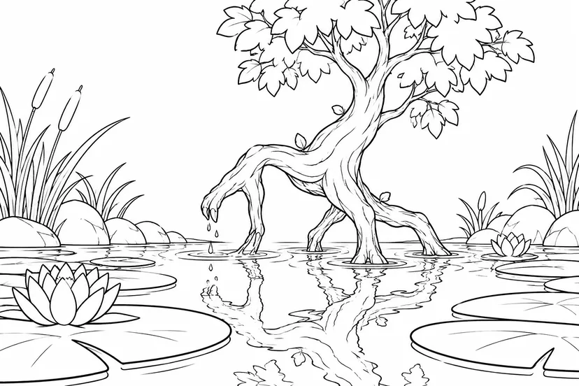 水面を歩く木の根の塗り絵