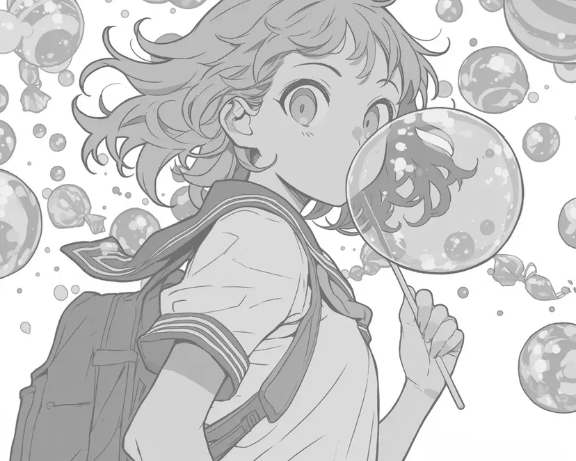 シャボン玉と少女の塗り絵