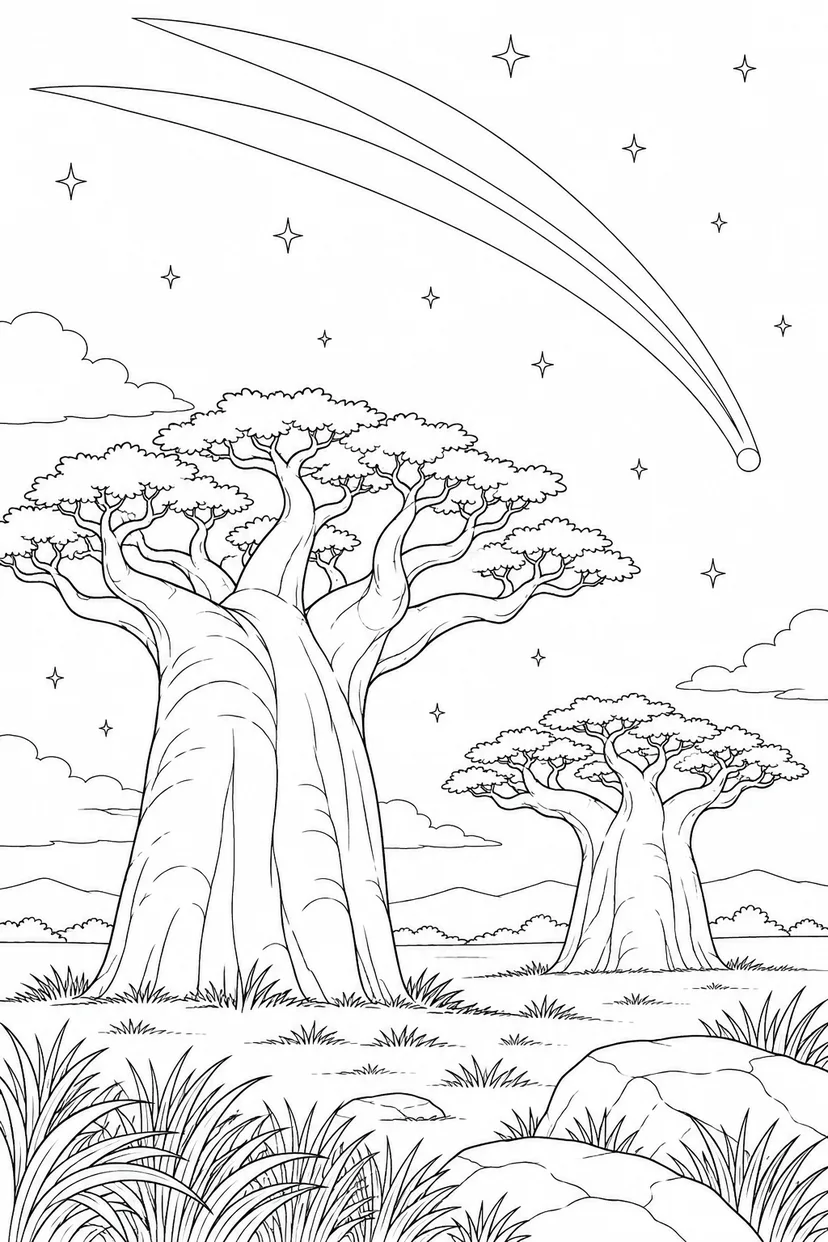 バオバブの平原と尾をひく彗星の塗り絵