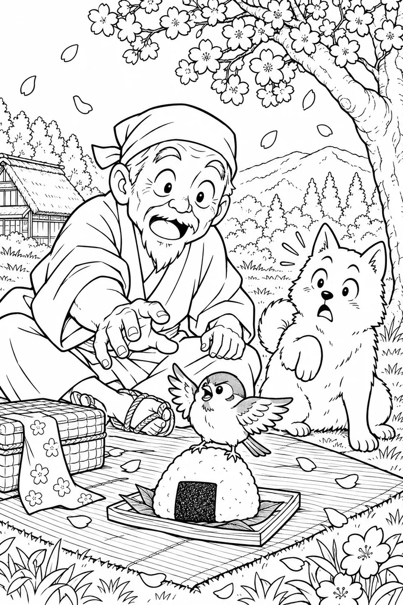 はなさかおじさん：おにぎりの番をするすずめ（ギャグ）の塗り絵