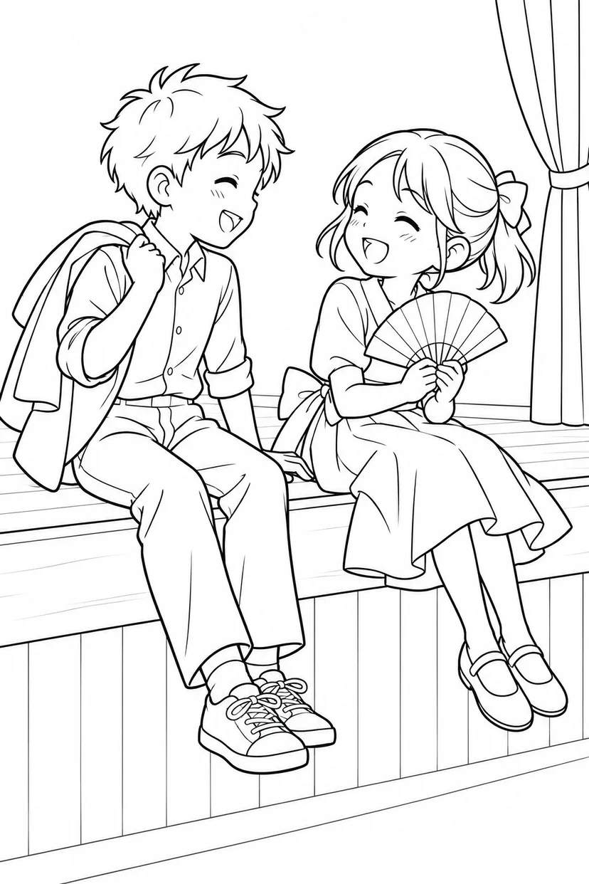 ステージのふちでおしゃべりの塗り絵