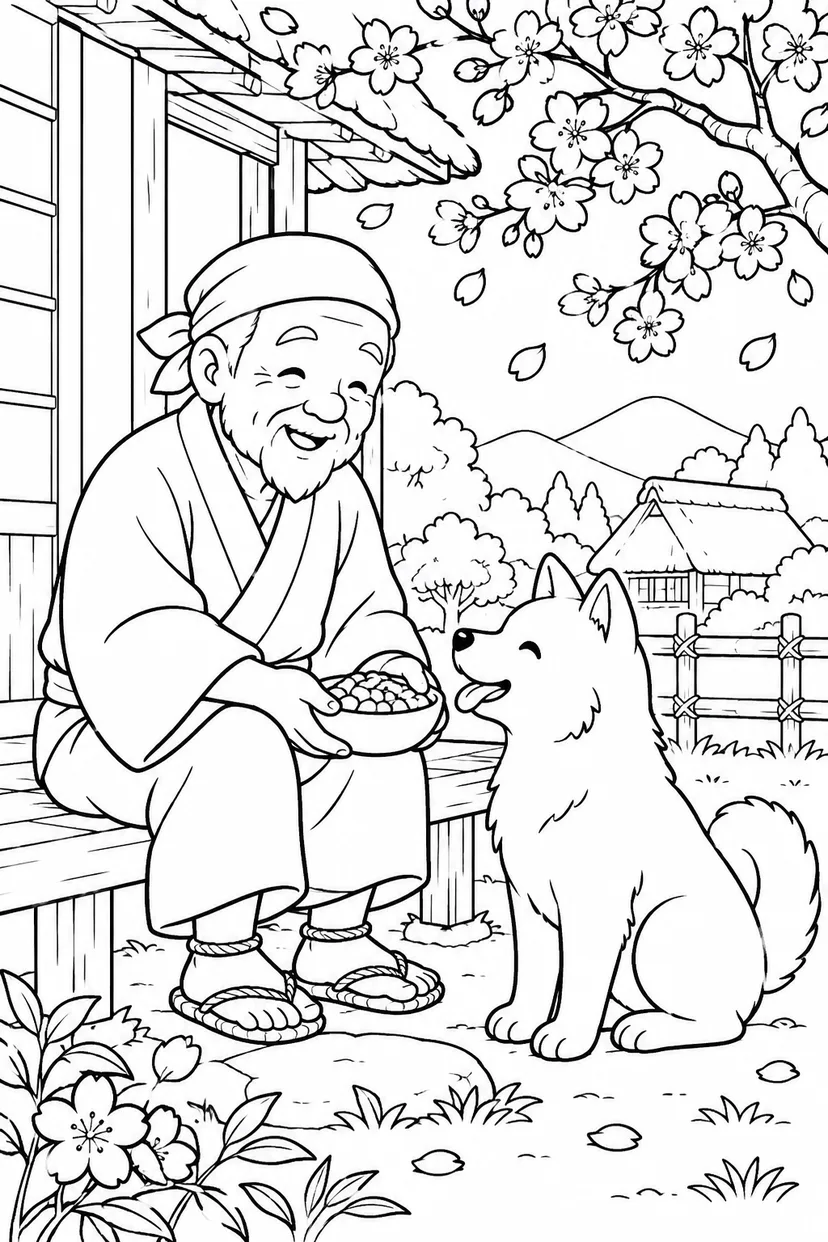 はなさかおじさん：縁側で白い犬にごはん（ほっこり）の塗り絵