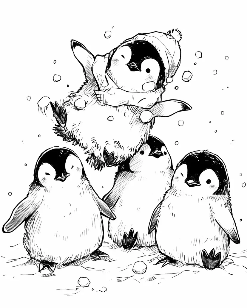 楽しいペンギンの雪遊びの塗り絵