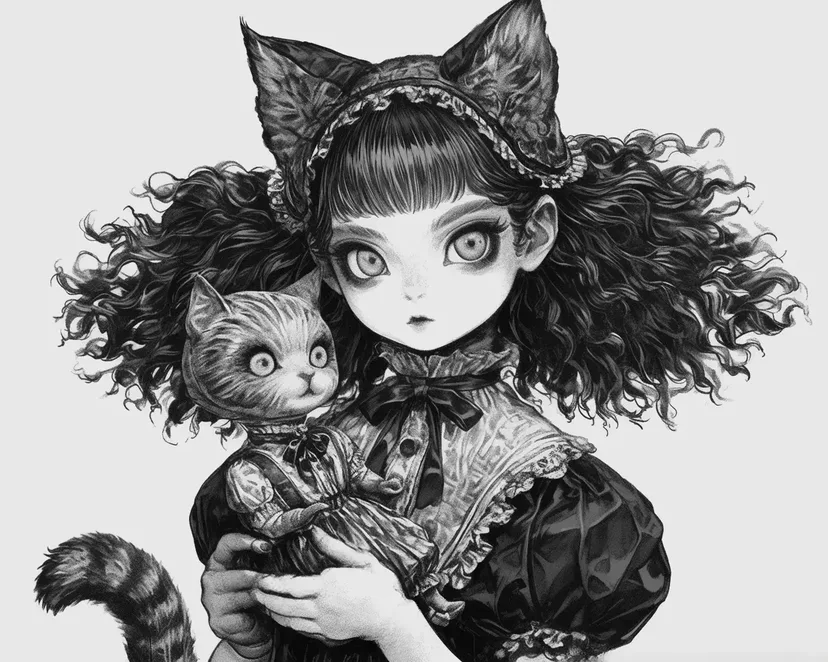 Dibujo de Chica con Orejas de Gato y Muñeca para colorear