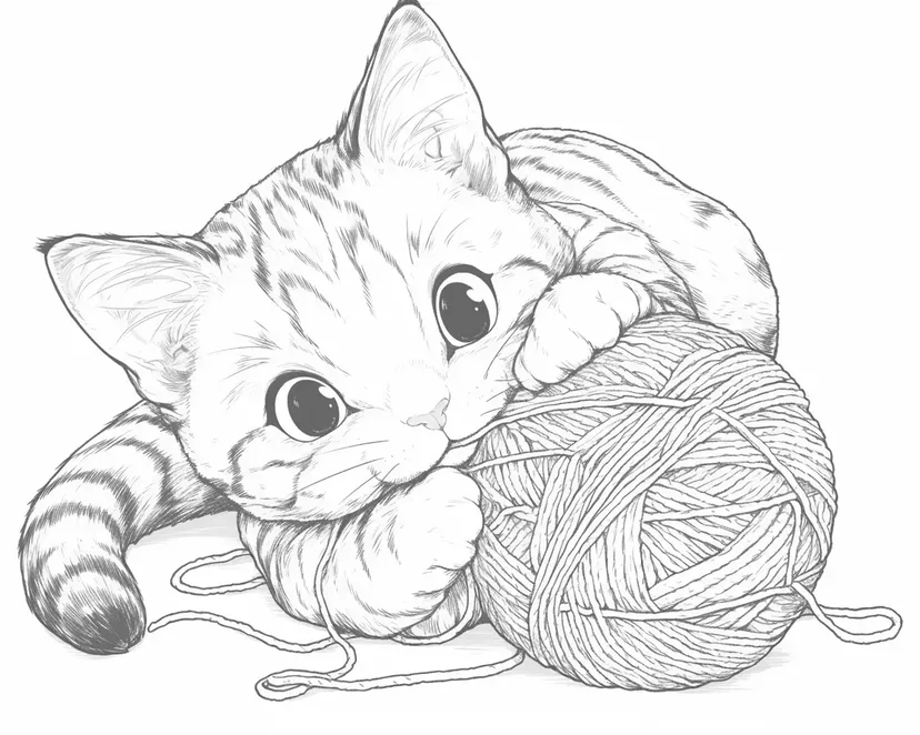 顽皮的小猫玩毛线球涂色页