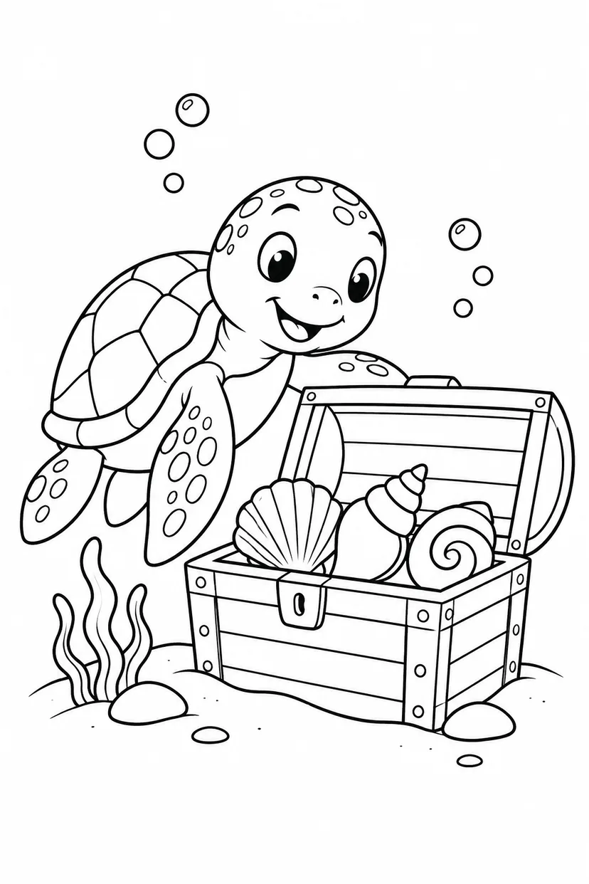 ウミガメと宝箱の塗り絵
