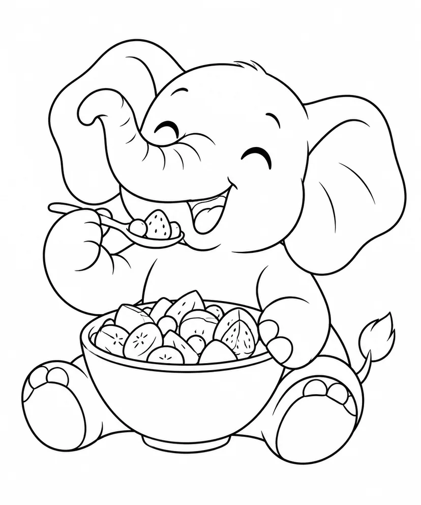 フルーツサラダとゾウの塗り絵
