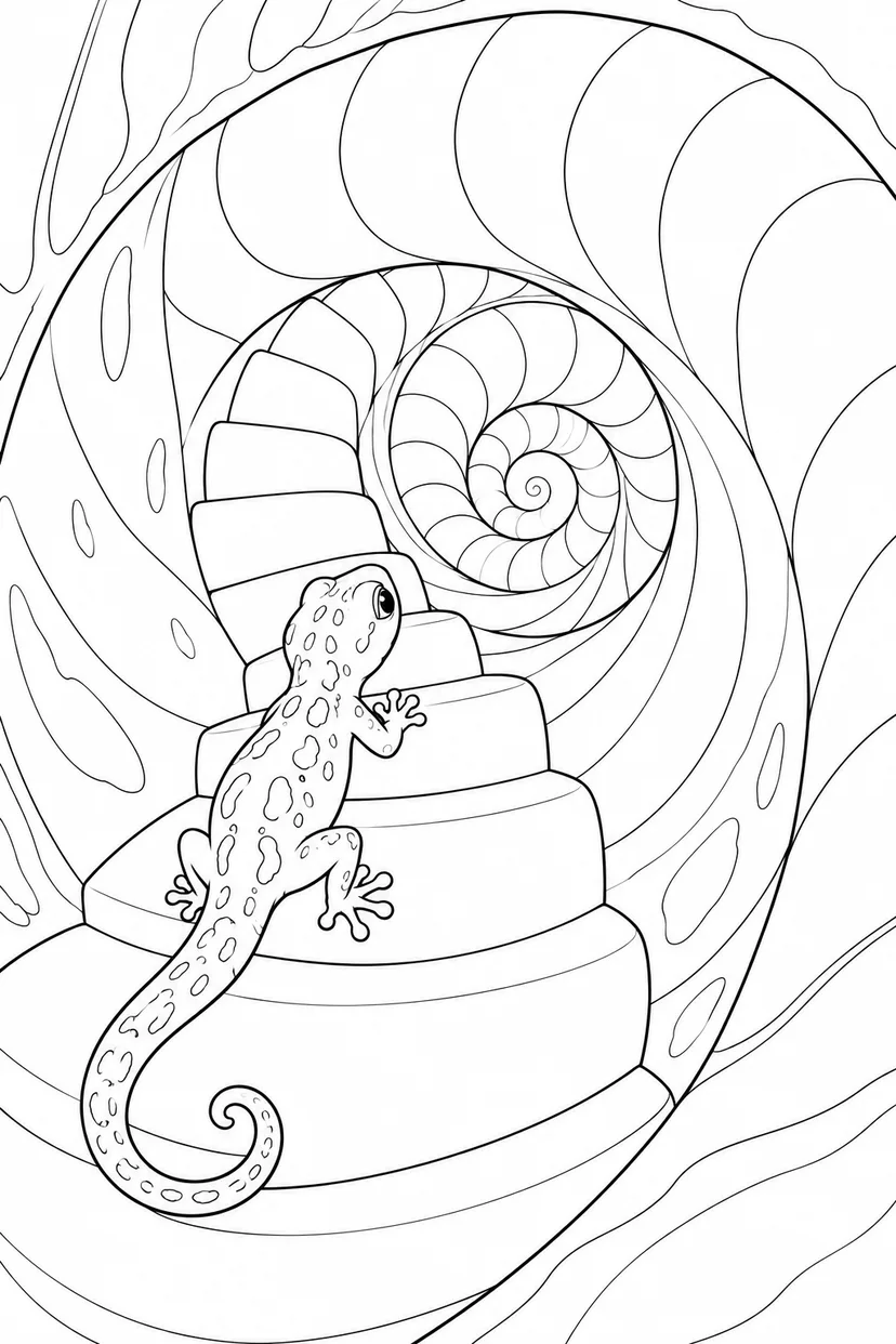 貝がらの階段を登るヤモリの塗り絵